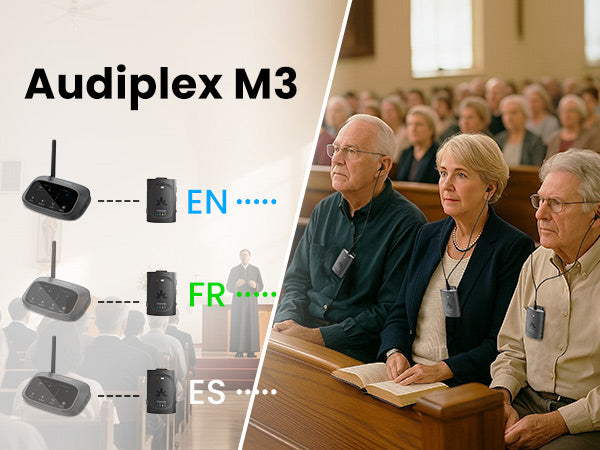 Audiplex MX Group Listening System for Churches, supports up to 4 selectable channels for simultaneous assistive listening without audio interference.