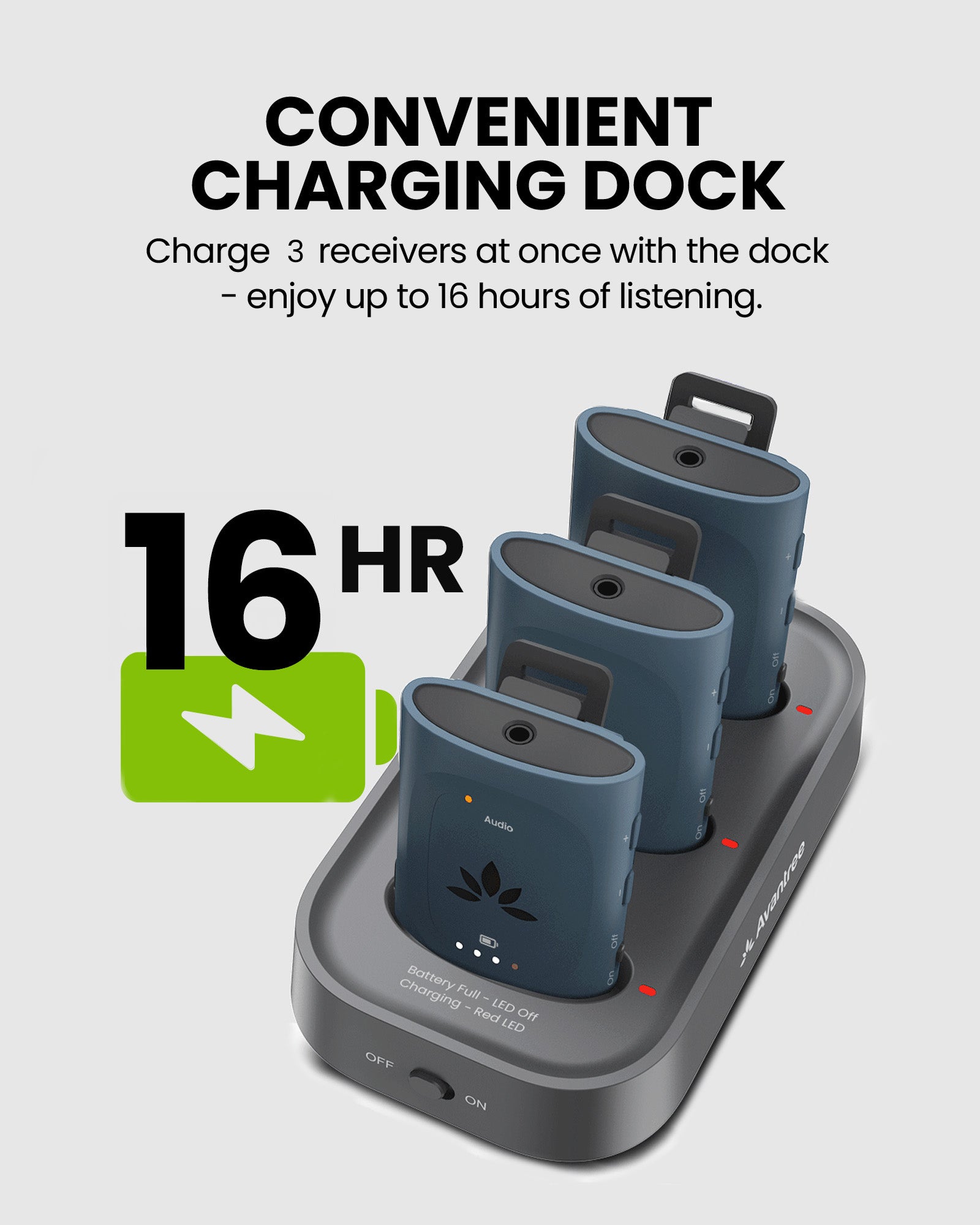 AuraPlex M3 Auracast Venue Transmitter and  Receiver for churches, and public spaces, with charging dock and up to 16 hours listening time.