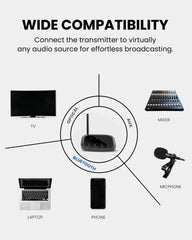 Audiplex transmitter Group Listening System for Churches  and public venues, supports optical, AUX, and Bluetooth audio inputs  for TVs, mixers, laptops, and phones.