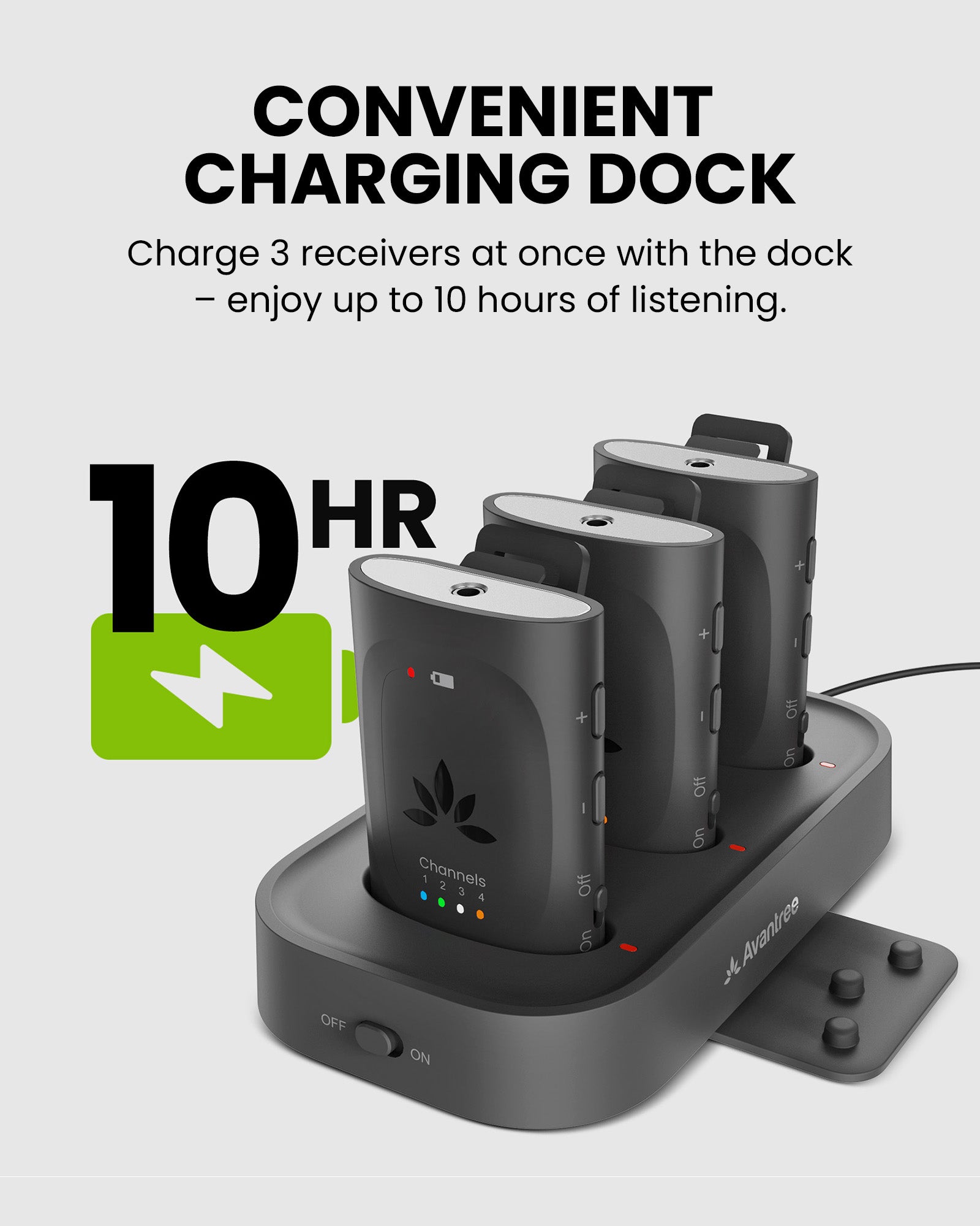 Audiplex M3 Assistive Listening Devices for Church, classrooms, with charging dock and up to 10 hours listening time.
