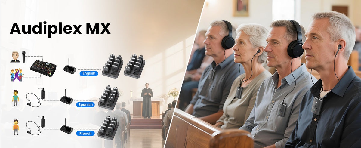 Audiplex MX Group Listening System for Churches, supports up to 4 selectable channels for simultaneous assistive listening without audio interference.