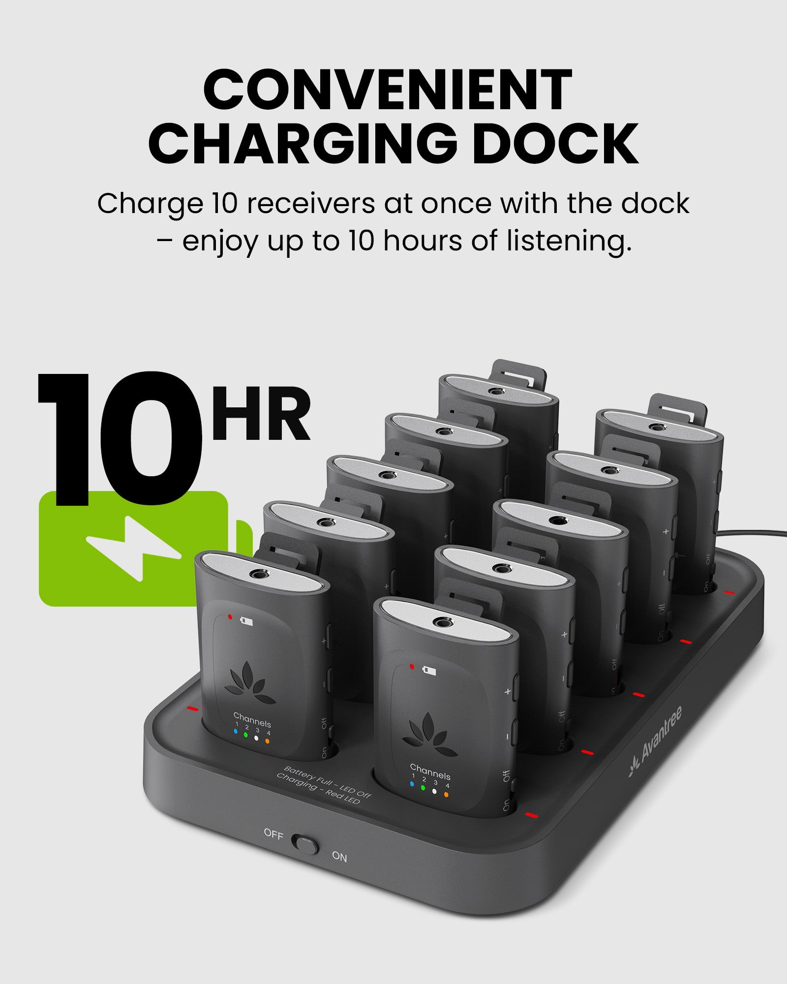 Audiplex MX Group Listening System for Churche. Supports simultaneous charging, up to 10 hours listening time.