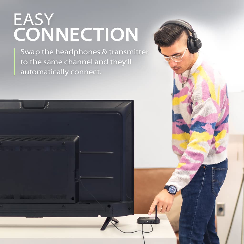 Add-on 2.4G RF wireless headphones for the Avantree Shift. Switch between multiple TVs with cross-compatible headphones and transmitters.