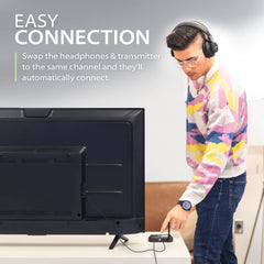 Add-on 2.4G RF wireless headphones for the Avantree Shift. Switch between multiple TVs with cross-compatible headphones and transmitters.