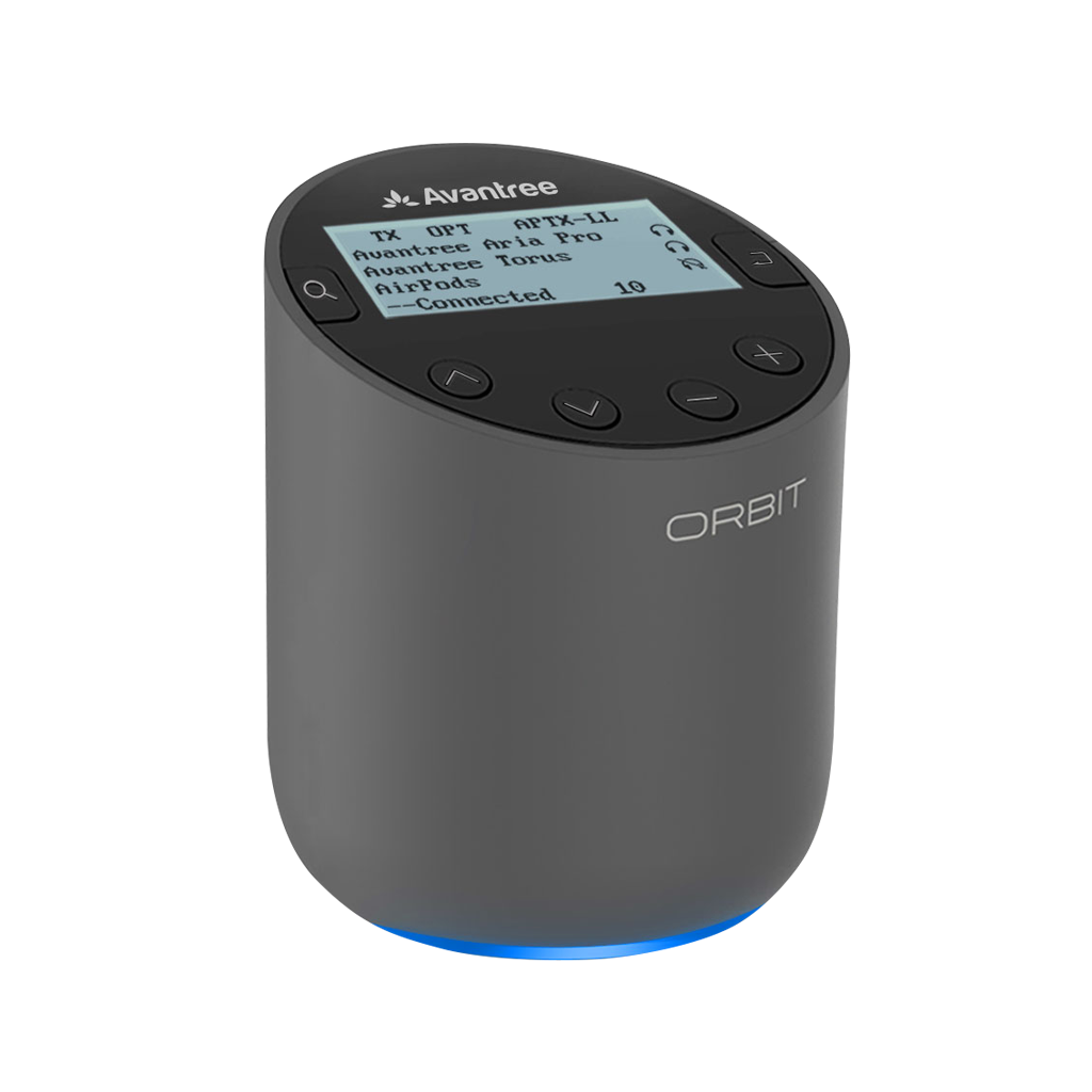 Orbit  Bluetooth TV Transmitter with LCD Screen Display, Soundbar & Stereo Simultaneous Output, Class 1 Long Range, aptX Low Latency, Connect to Two Headphones

