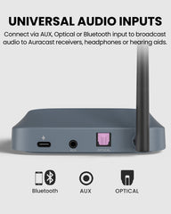 AuraPlex M3 Auracast Venue Transmitter and Receiver for Churches and Public Spaces, supports AUX, optical, Bluetooth, Auracast receivers, and compatible hearing aids.