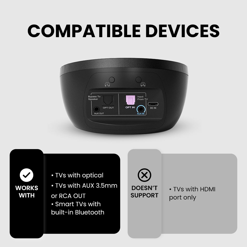 Medley Clear (6018) Wireless Earbuds for TV Listening, supports TVs with optical, 3.5mm AUX, or built-in Bluetooth output. Not compatible with HDMI.