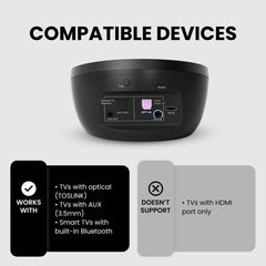 Medley Pebble Open-Ear Wireless TV earbuds for seniors, compatible with TVs via Optical and 3.5mm AUX, not compatible with HDMI ports.