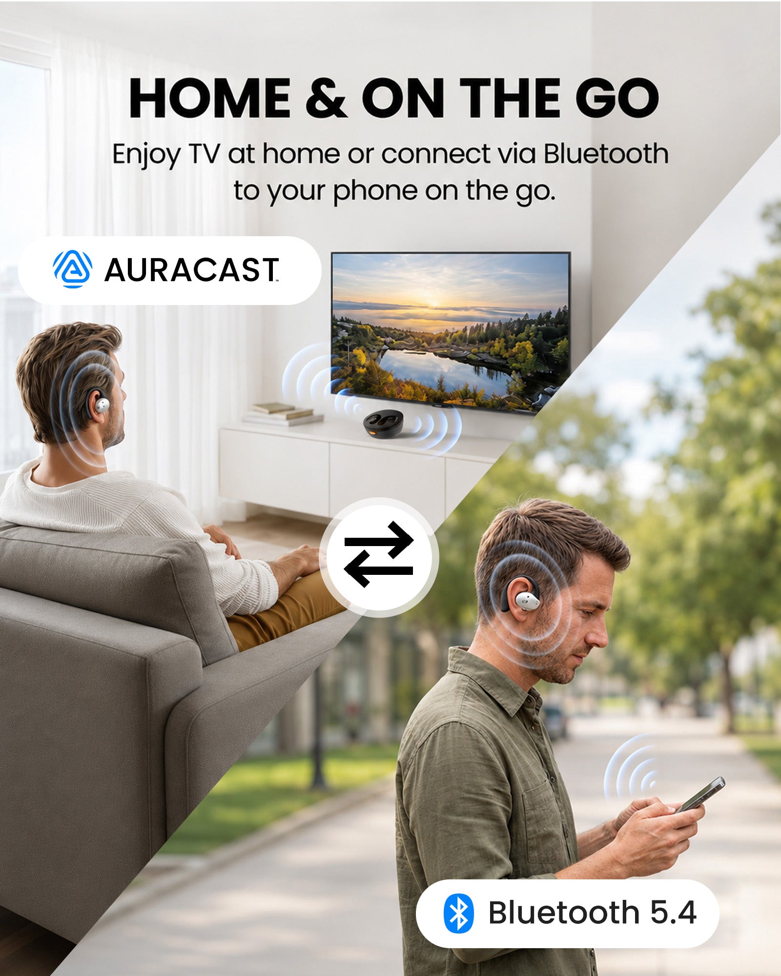Medley Pebble 2 Open-Ear Auracast TV Earbuds Set for seniors, dual-mode listening with Auracast broadcast and Bluetooth pairing for phones and other devices.