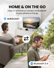 Medley Pebble 2 Open-Ear Auracast TV Earbuds Set for seniors, dual-mode listening with Auracast broadcast and Bluetooth pairing for phones and other devices.