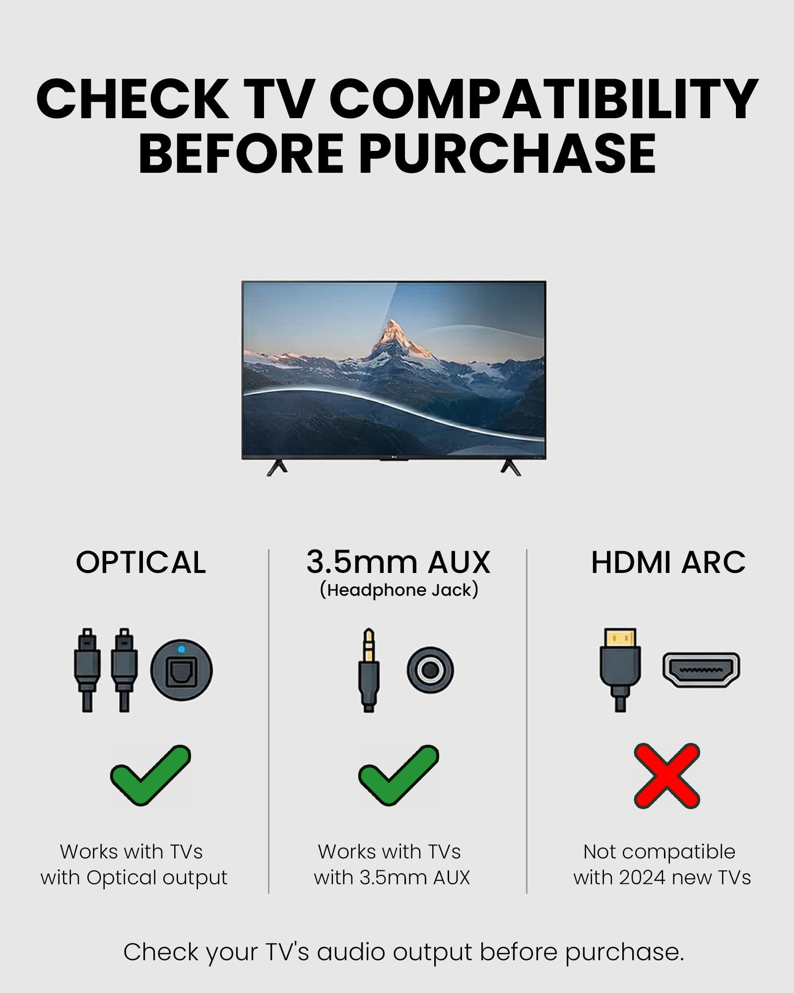 Medley Pebble 2 Open-Ear Auracast TV Earbuds Set for seniors, compatible with TVs via Optical and 3.5mm AUX only, not HDMI ARC.