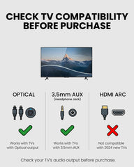 Medley Pebble 2 Open-Ear Auracast TV Earbuds Set for seniors, compatible with TVs via Optical and 3.5mm AUX only, not HDMI ARC.