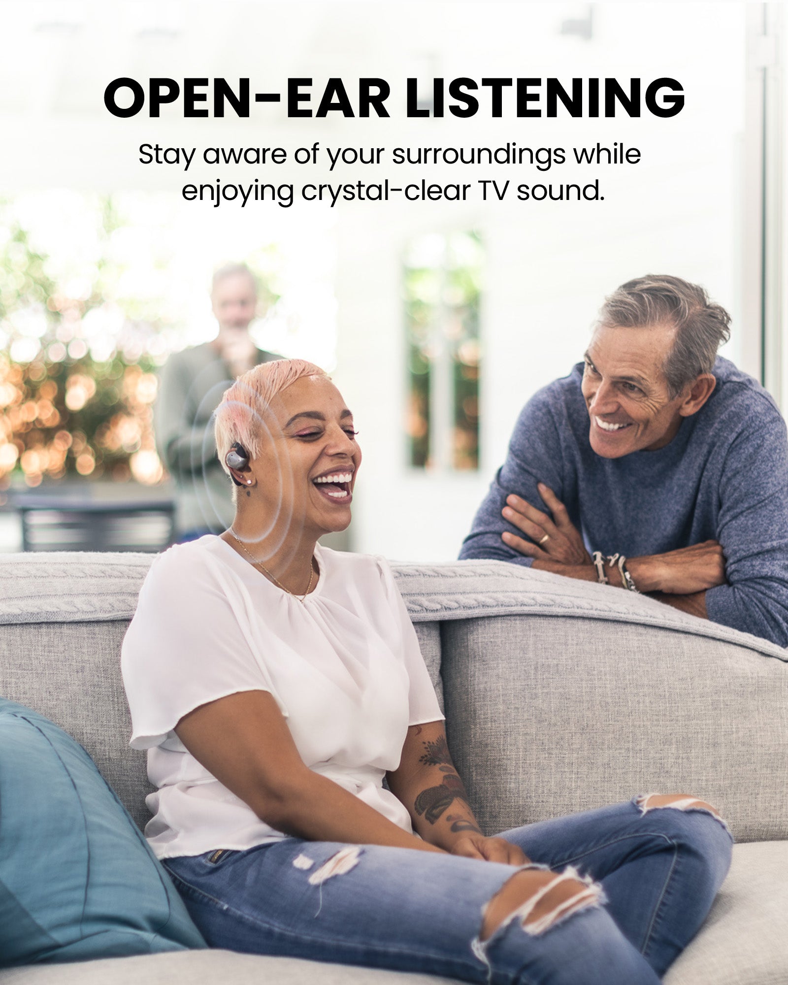 Medley Pebble 2 Open-Ear Auracast TV Earbuds Set for seniors, open-ear design hear TV dialogue clearly while staying aware of surrounding people and sounds.