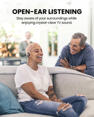 Medley Pebble 2 Open-Ear Auracast TV Earbuds Set for seniors, open-ear design hear TV dialogue clearly while staying aware of surrounding people and sounds.