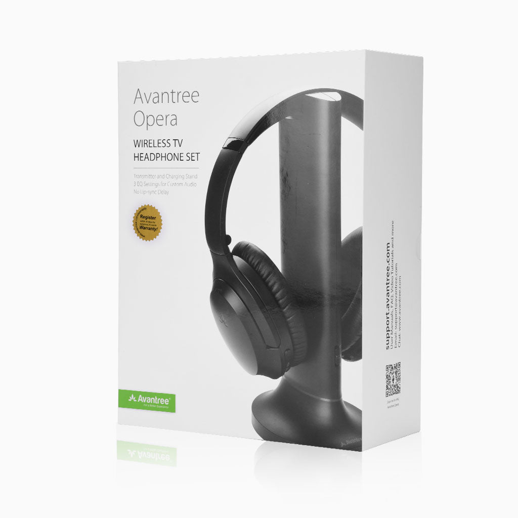 Opera Wireless Headphones for TV with transmitter and charging dock, supports optical and 3.5 mm AUX input with soundbar pass-through feature.