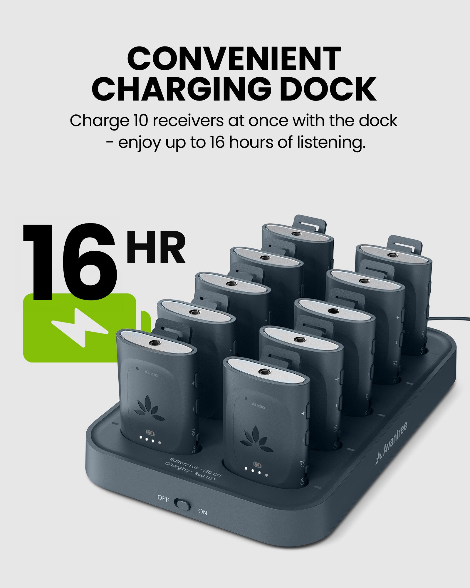 AuraPlex MX Auracast Assistive Listening System with Charging Dock, charges 10 receivers simultaneously with up to 16 hours of playback.