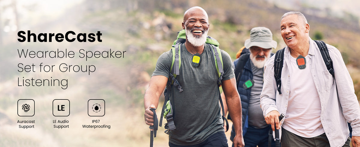 ShareCast Auracast Wearable Speaker for Group Listening, hiking, multi-listener streaming, and IP67 waterproofing.