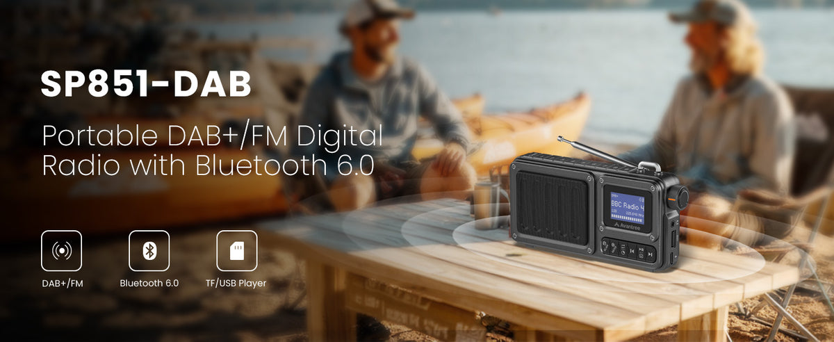 SP851-DAB DAB+/FM Digital Radio with Bluetooth 6.0, TF card and USB players. Stable listening at home, kitchen, or outdoors.
