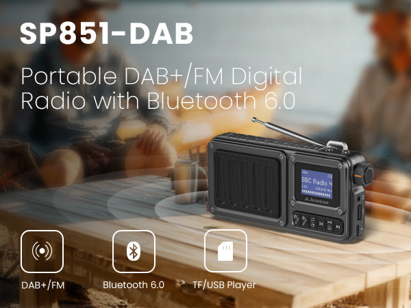 SP851-DAB DAB+/FM Digital Radio with Bluetooth 6.0, TF card and USB players. Stable listening at home, kitchen, or outdoors.