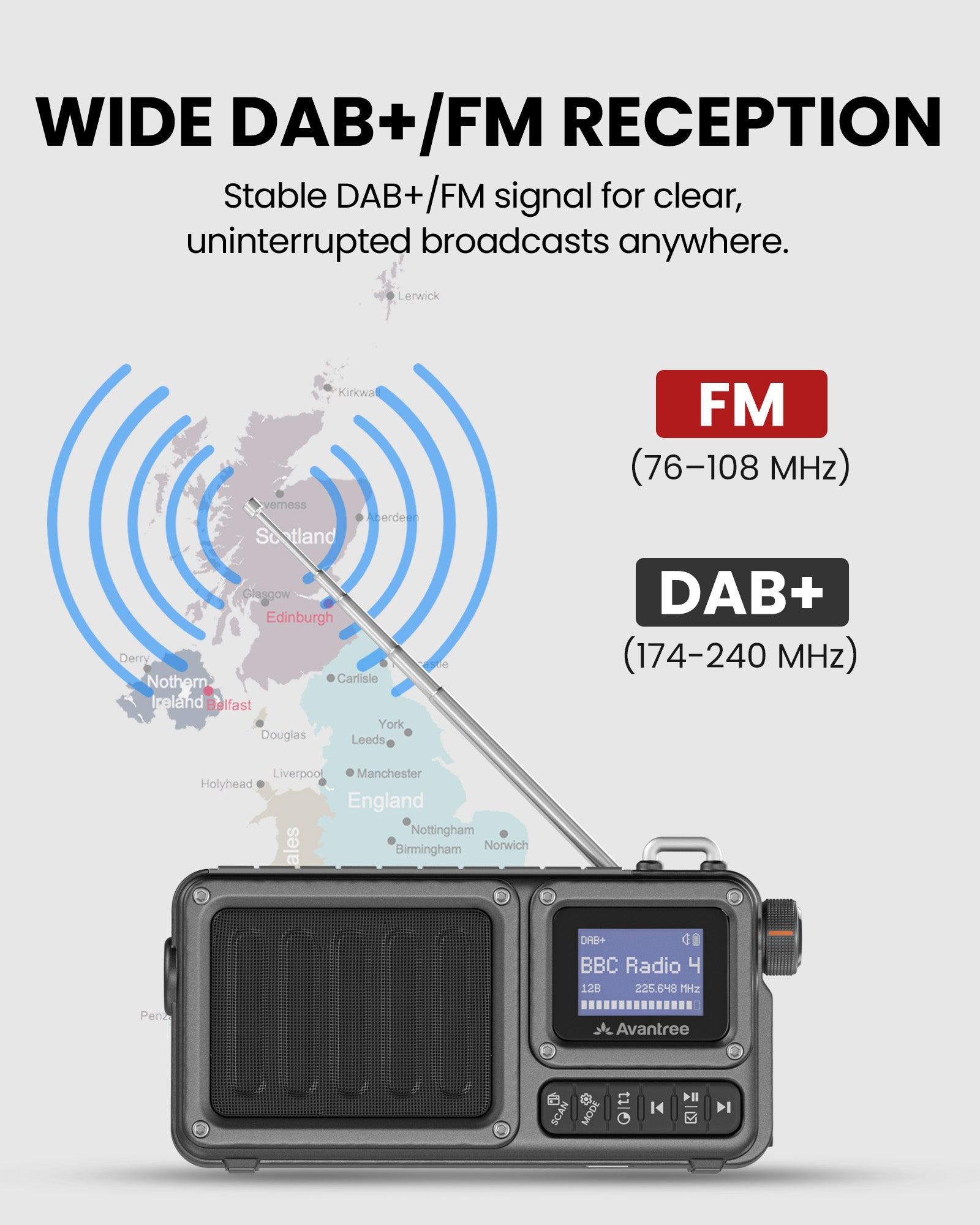 SP851-DAB Portable DAB+/FM Digital Radio with Bluetooth 6.0, wide DAB+/FM reception for crystal-clear, uninterrupted broadcast anywhere.