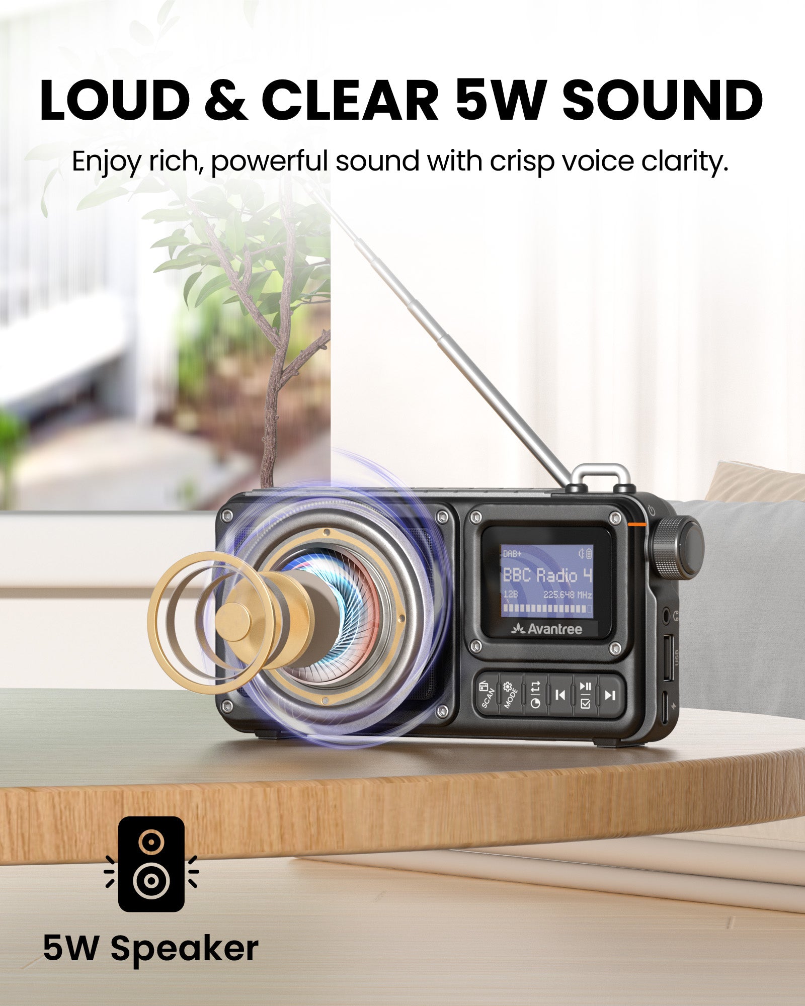 SP851-DAB Portable DAB+/FM Digital Radio with Bluetooth 6.0, 5W speaker delivering clear, room-filling sound for music, talk, and news anywhere.