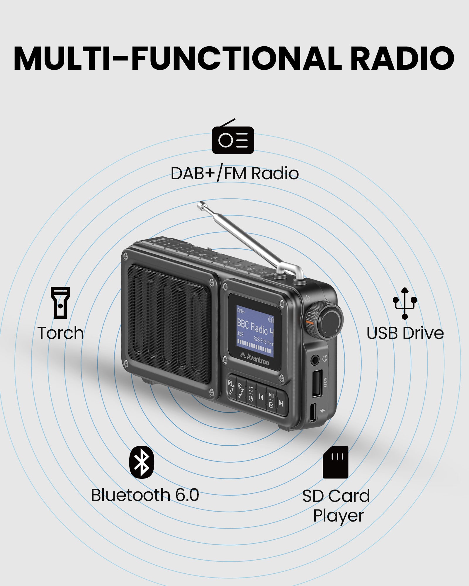 SP851-DAB Portable DAB+/FM Digital Radio with Bluetooth 6.0, 5-in-1 device with DAB+/FM radio, Bluetooth, USB, Torch, and SD card playback.