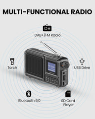 SP851-DAB Portable DAB+/FM Digital Radio with Bluetooth 6.0, 5-in-1 device with DAB+/FM radio, Bluetooth, USB, Torch, and SD card playback.