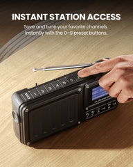 SP851-DAB Portable DAB+/FM Digital Radio with Bluetooth 6.0, featuring preset buttons 0–9 for quick access to saved stations.