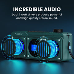 Boombyte Portable Digital FM Radio with Bluetooth Speaker. Features dual 7W drivers delivering high-quality stereo sound.
