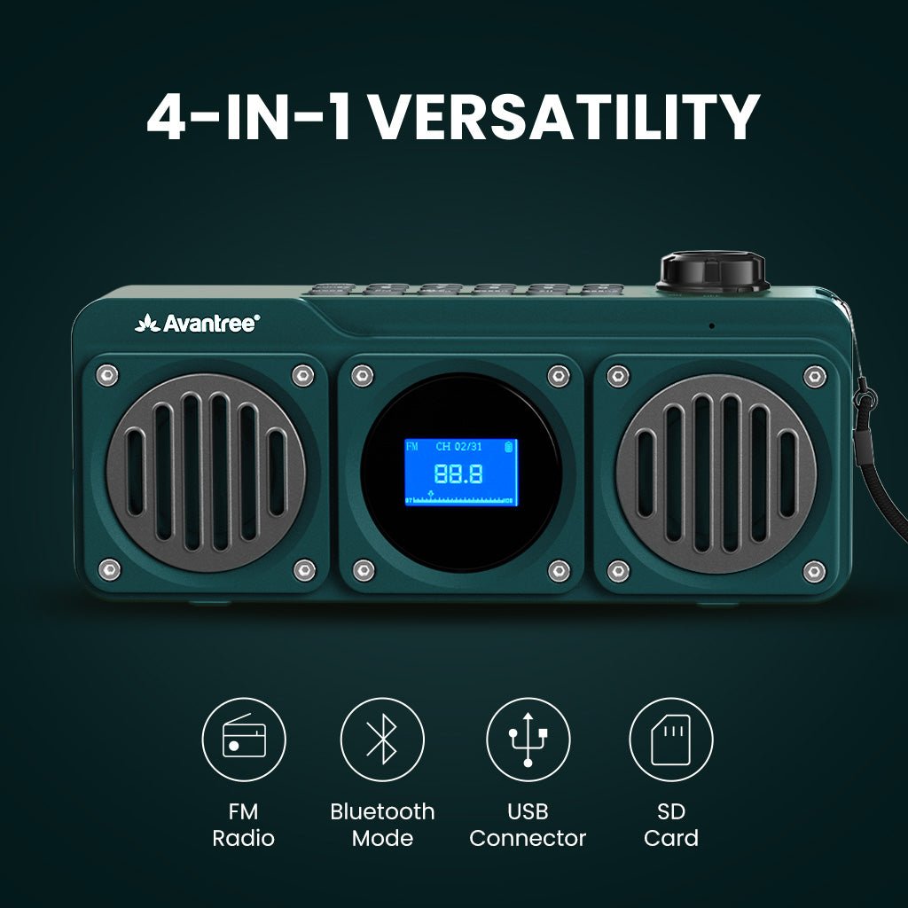 Boombyte Portable Digital FM Radio with Bluetooth Speaker, 4-in-1 functionality with FM radio, Bluetooth, USB, and SD card playback.