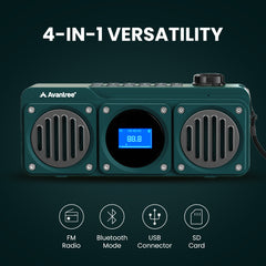 Boombyte Portable Digital FM Radio with Bluetooth Speaker, 4-in-1 functionality with FM radio, Bluetooth, USB, and SD card playback.