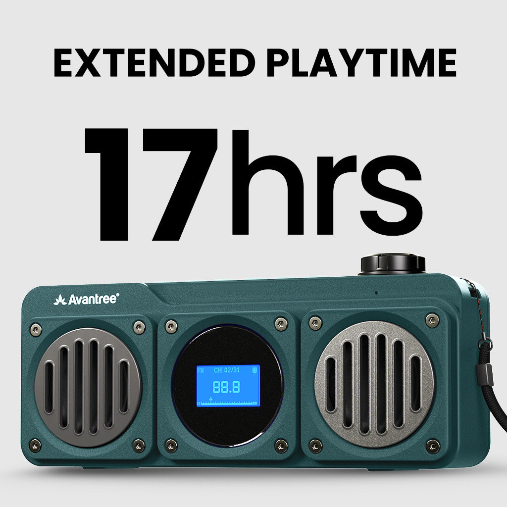 Boombyte Portable Digital FM Radio with Bluetooth Speaker, up to 17 hours extended playtime.
