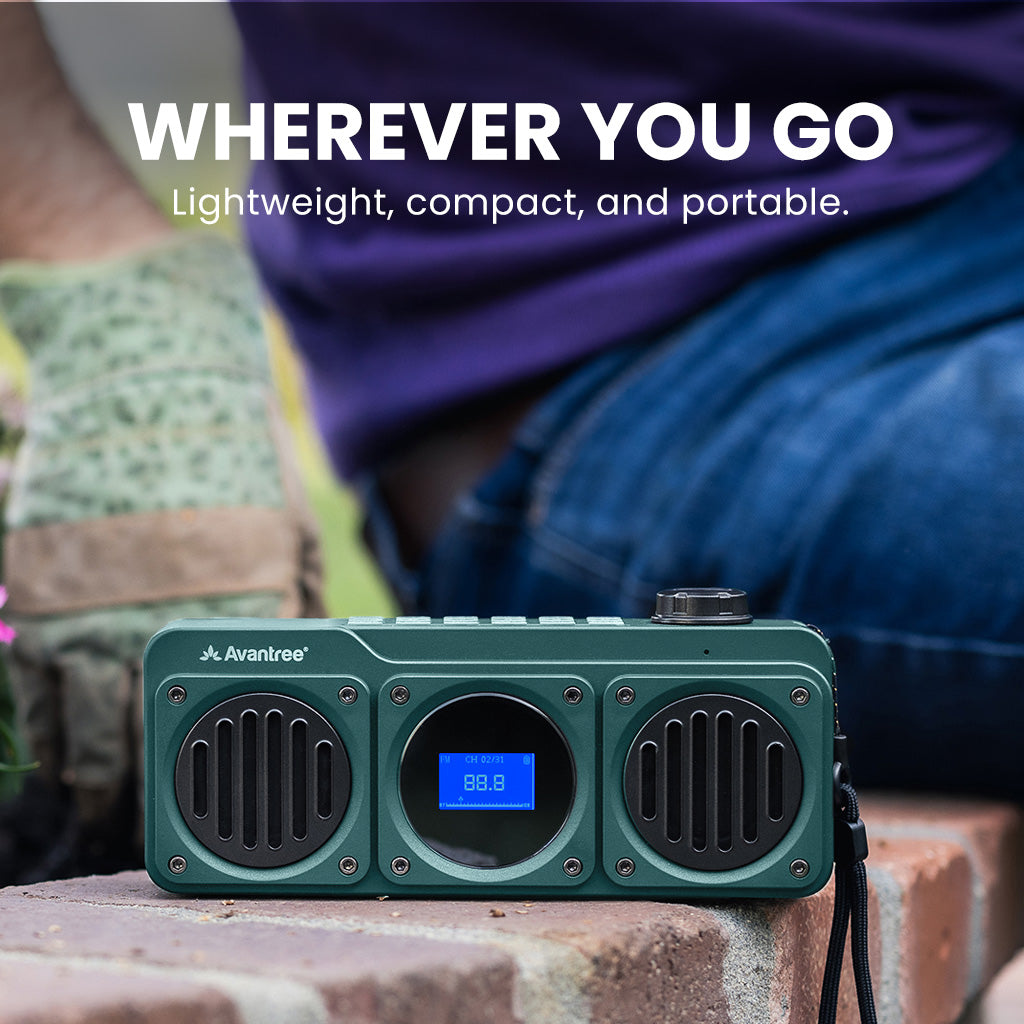Boombyte Portable Digital FM Radio with Bluetooth Speaker, lightweight design for easy carrying and flexible placement.