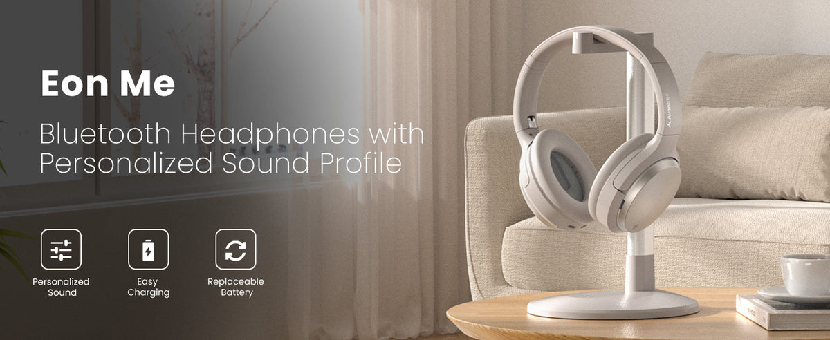 Eon 3D Bluetooth TV Headphones with Charging Dock, 3D surround sound, easy charging, and replaceable battery.