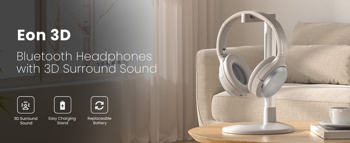 Eon 3D Bluetooth TV Headphones with Charging Dock, 3D surround sound, easy charging, and replaceable battery.