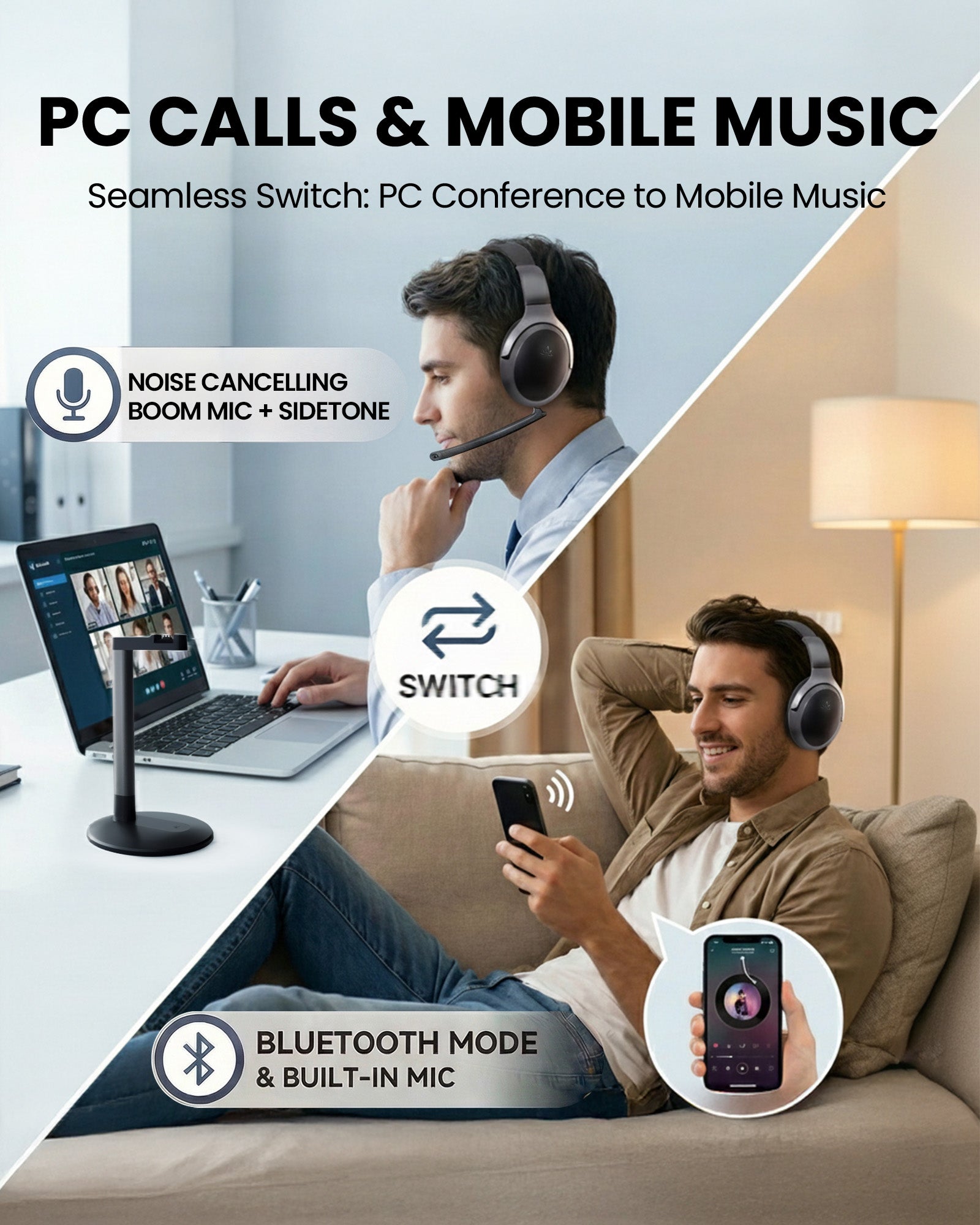 Aria Podio 3 Wireless Headphones with Mic, Bluetooth multipoint connects to phone and PC simultaneously for seamless switching between calls, meetings, and music.