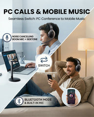 Aria Podio 3 Wireless Headphones with Mic, Bluetooth multipoint connects to phone and PC simultaneously for seamless switching between calls, meetings, and music.
