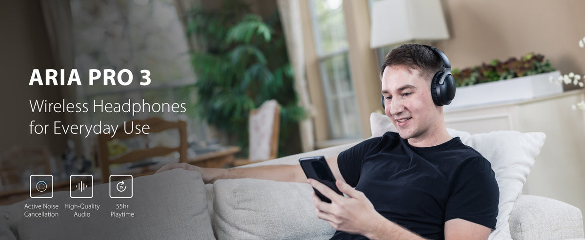 Aria Pro 3 Wireless Headphones for Everyday Use, active noise cancellation, high-quality audio, and  55 hour playtime.