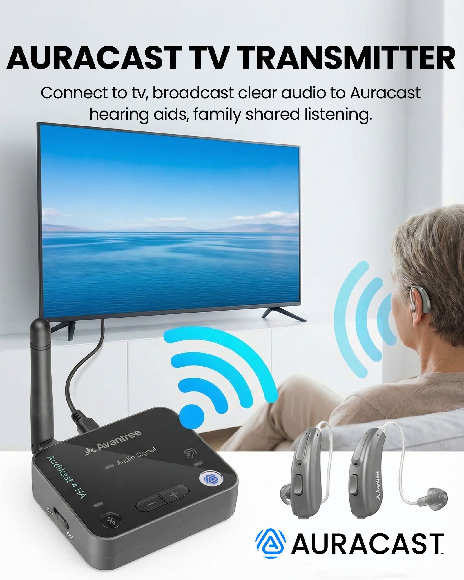 Audikast 4HA Auracast TV Transmitter  Optimized fo Auracast hearing aids.   Connects multiple Auracast-enabled hearing aids. 