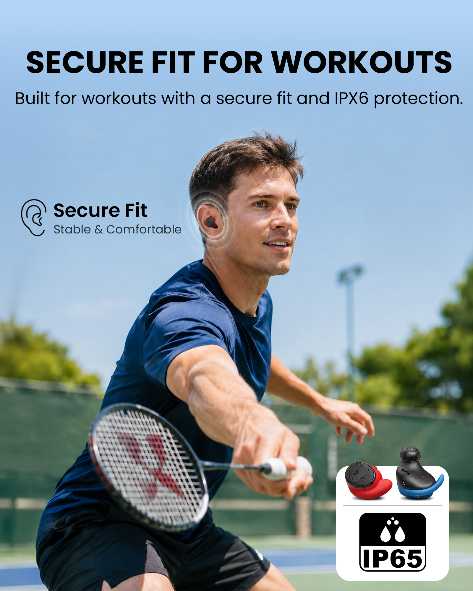 FitLock Aura secure-fit earbuds worn during a workout
