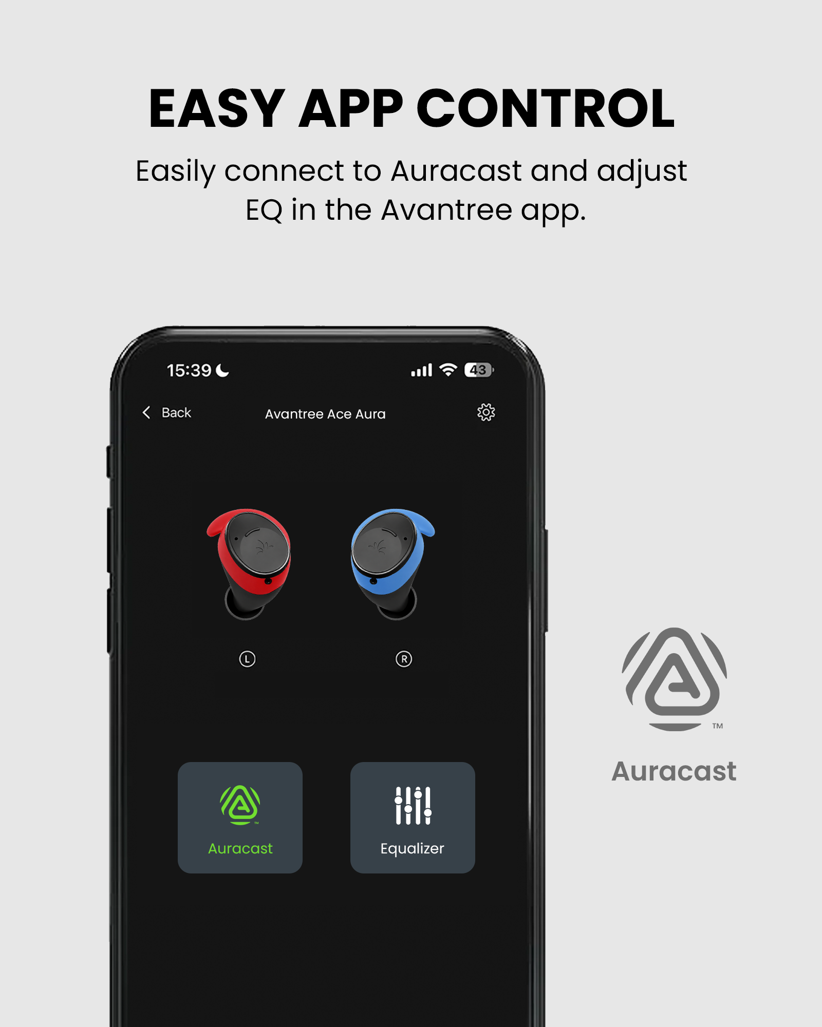 Ace Aura Auracast & Bluetooth Earbuds for TV, gym, and public use with Avantree app control for easy Auracast connection and EQ adjustment.