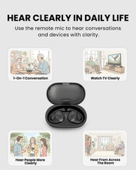 AcuEar Pebble 2 hearing amplifier earbuds, charging case works as a wireless remote mic for clearer speech during conversations and TV listening.