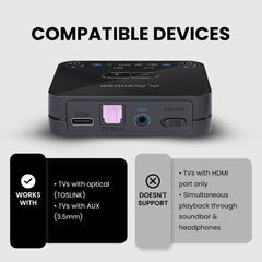 Audikast 3 Bluetooth Audio Transmitter for TV, supports optical and AUX, not compatible with HDMI-only TVs and no soundbar pass-through.