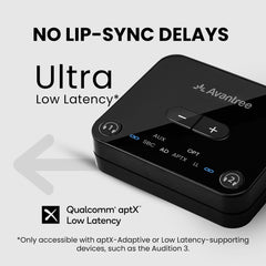 Audikast 3 Bluetooth Audio Transmitter for TV, no lip-sync delay with aptX Adaptive or Low Latency compatible headphones for perfectly synced audio and video.