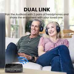 Audikast 3 Bluetooth Audio Transmitter for TV, featuring dual link pair two bluetooth headphones for shared listening.