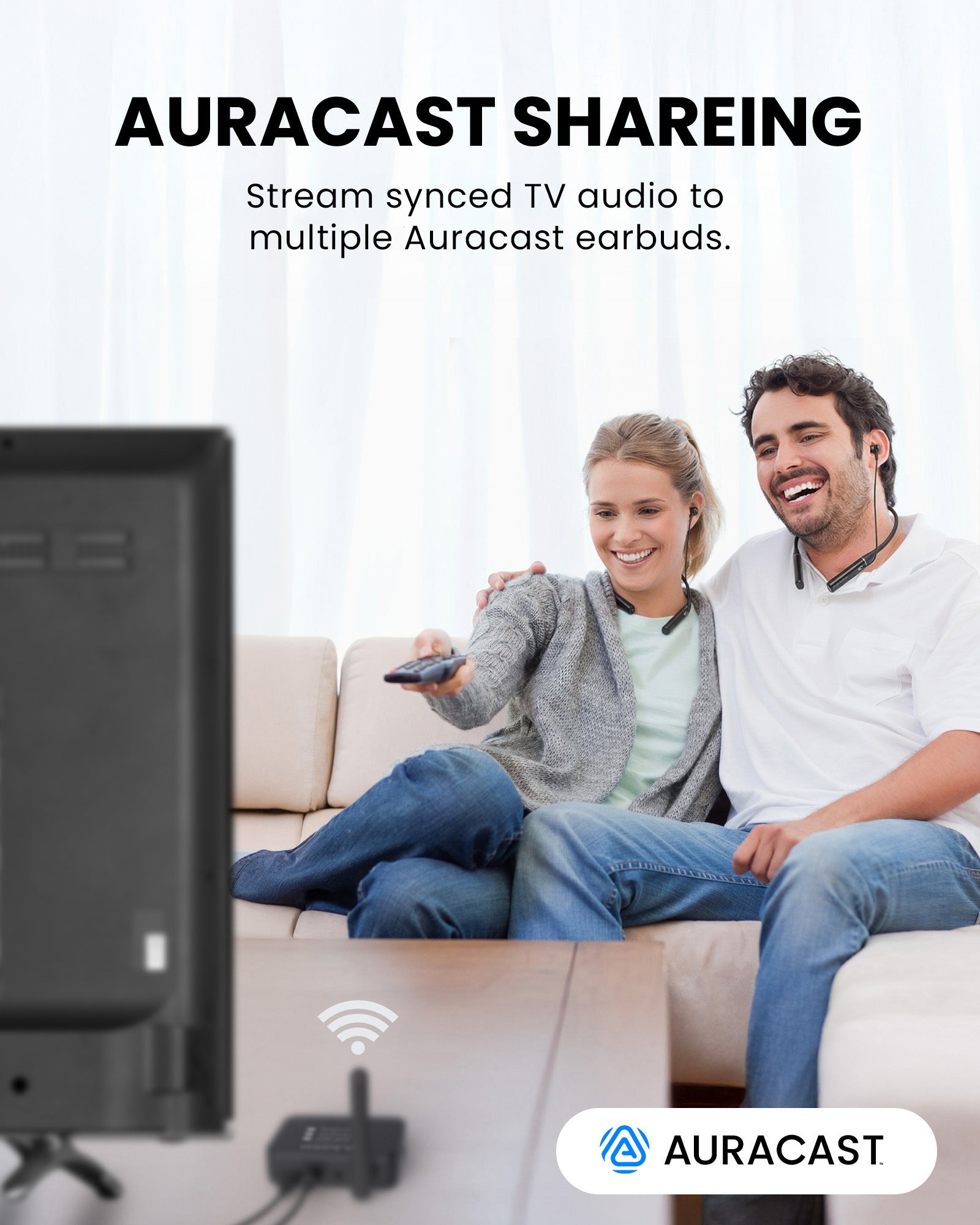 Aura Loop Dual Auracast TV Earbuds, streams synchronized TV audio to multiple Auracast devices; not compatible with regular Bluetooth headphones.
