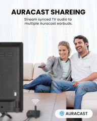 Aura Loop Dual Auracast TV Earbuds, streams synchronized TV audio to multiple Auracast devices; not compatible with regular Bluetooth headphones.