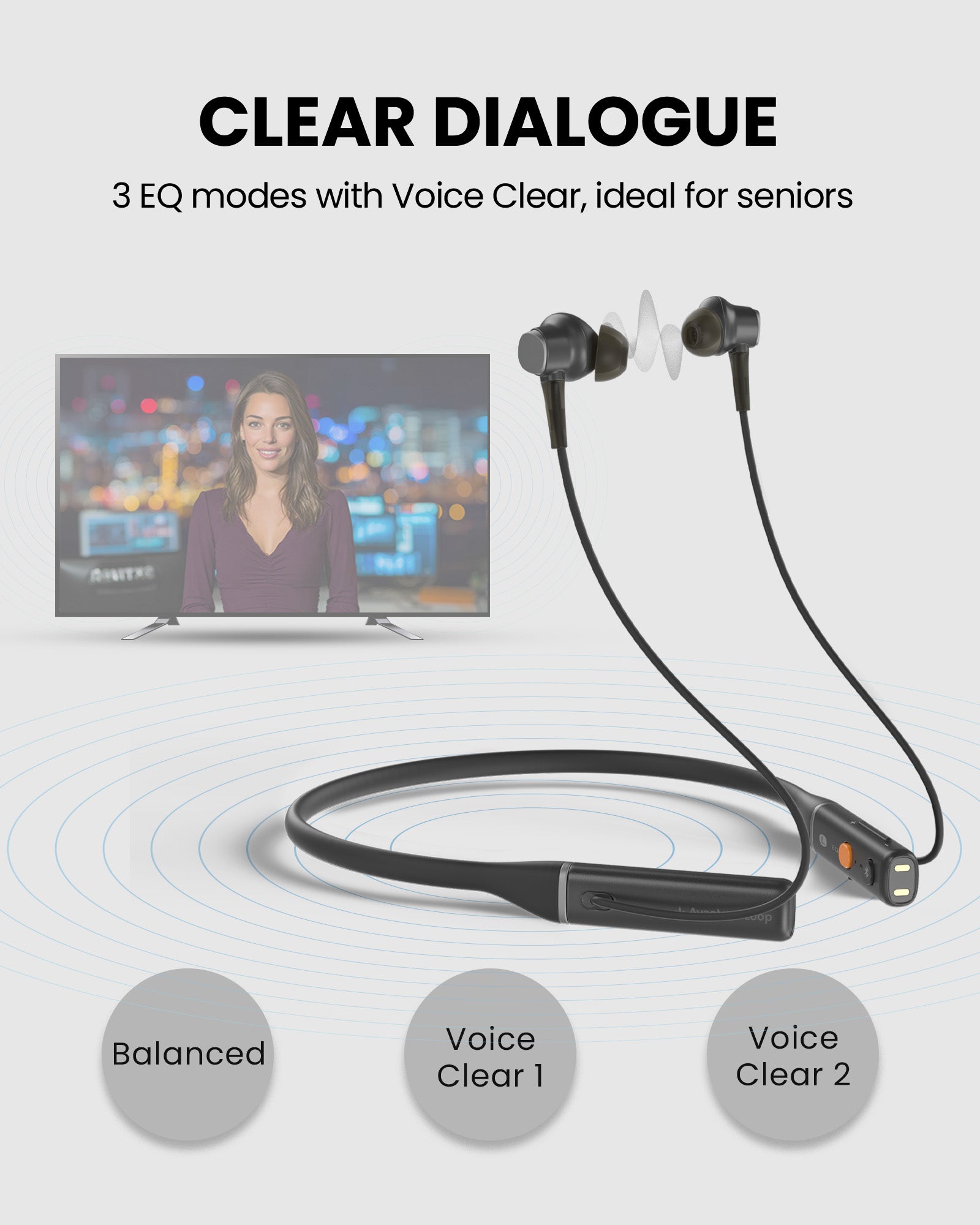 Aura Loop Dual Auracast TV Earbuds with clear dialogue featuring EQ modes Balance and Voice Clear 1 & 2 for enhanced speech and dialogue clarity.