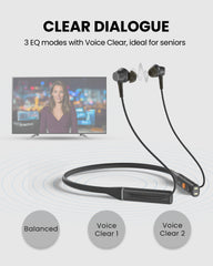 Aura Loop Dual Auracast TV Earbuds with clear dialogue featuring EQ modes Balance and Voice Clear 1 & 2 for enhanced speech and dialogue clarity.