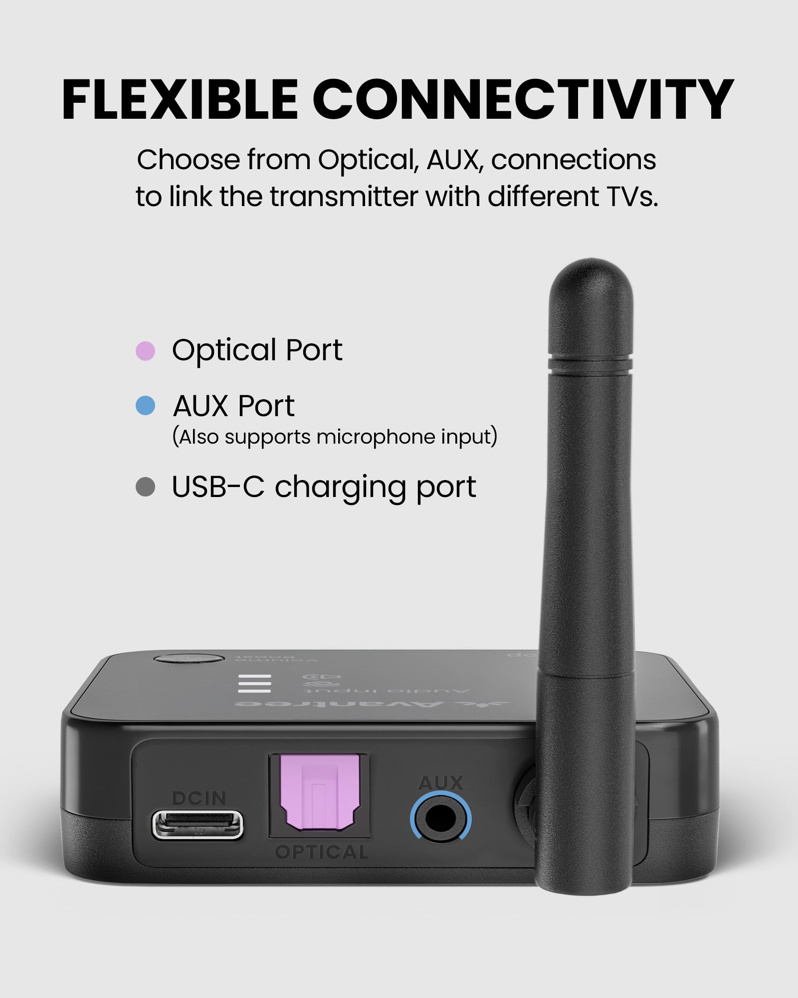 Aura Loop Dual Auracast TV Earbuds with clear dialogue. Supports Optical, AUX, USB-C charging, not for HDMI-only TVs.